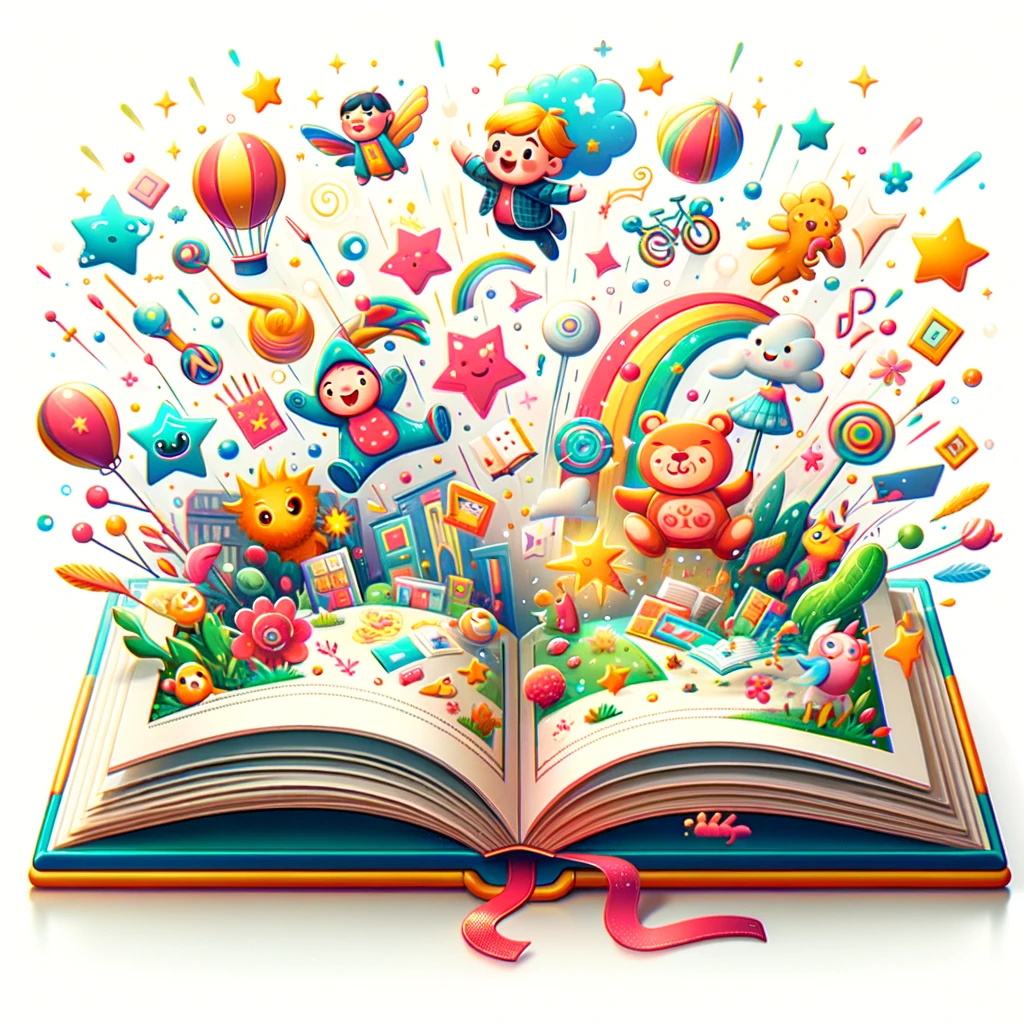 DALL·E 2024-05-30 11.24.44 - A colorful, animated image of an open book with pictures jumping out. The book has lively illustrations and bright colors. Images of playful character